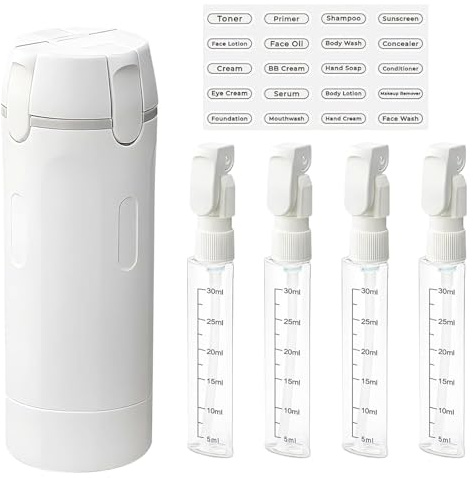 4-i-1 resedispenser, påfyllningsbara reseflaskor, reseflaska med skala och etikett, återanvändbara reseflaskor för schampo, lotion, duschgel, balsam (vit)