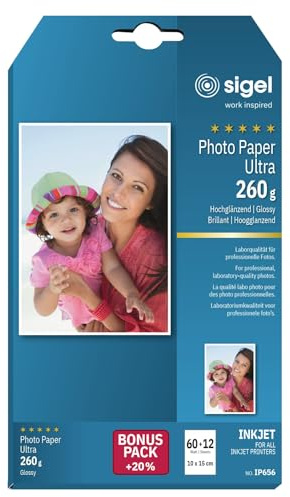 SIGEL InkJet Fotopapier Ultra 10x15 cm 260 g hochglänzend | IP656, 72 Blatt, extrem lichtbeständig für brillante Fotodrucke