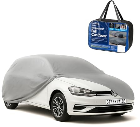 Universal Large Car Cover by Streetwize – Waterproof, Breathable, All Weather Protection for Dust, Dirt, Tree Sap, Bird Droppings and Snow – Elasticised Fit with Buckle Strap – 482x177x117 cm