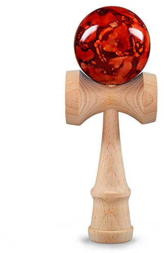 Ganzoo Kendama gioco di abilità giapponese in vero faggio, modello Red Flash rosso, palla con corda robusta, coppette grande e piccola, base e punta per allenare prese e movimenti controllati, 1 pezzo