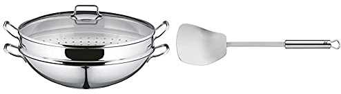 WMF Macao Wok-Set Induktion 4-teilig, Wok-Pfanne 36 cm mit Glasdeckel, Ablagegitter, Dämpfereinsatz Cromargan Edelstahl poliert, unbeschichtet & Profi Plus Wok-Wender 36,2 cm, Pfannenwender