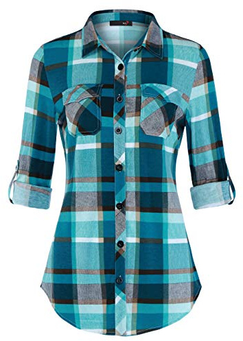DJT Damen Weiches Gestrick Karierte Bluse Langarm 3/4 Roll Up Ärmel Hemdbluse Button-down Blusen Blau M