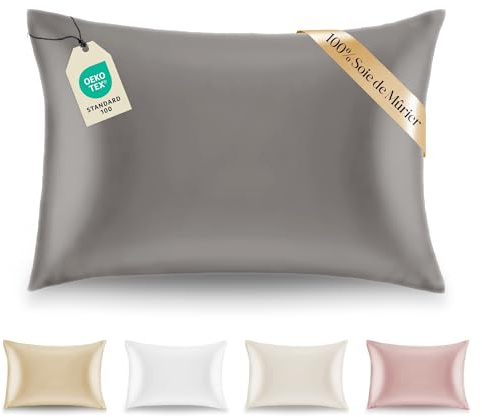 Dreamzie Kissenbezüge Seide - 50x75 cm - Gewicht 19 Momme 100% Reine Maulbeerseide Doppelseitig - Seidenkissenbezug für Haar und Haut, Anti-Aging, Anti-Bettwanzen - Silber Grau