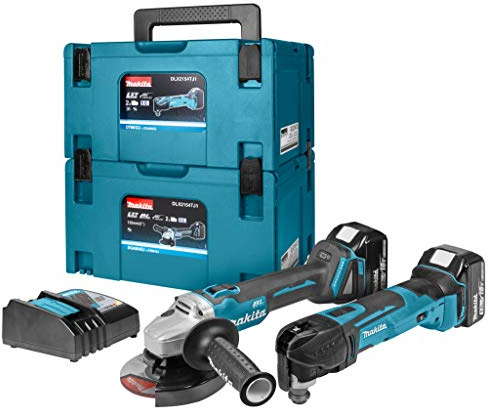 Makita DLX2154TJ1 18V Li-Ion (DGA504) Miniamoladora & (DTM51) Multiherramienta set combi + (2 baterías 5.0Ah) en 2 maletínes Mbox