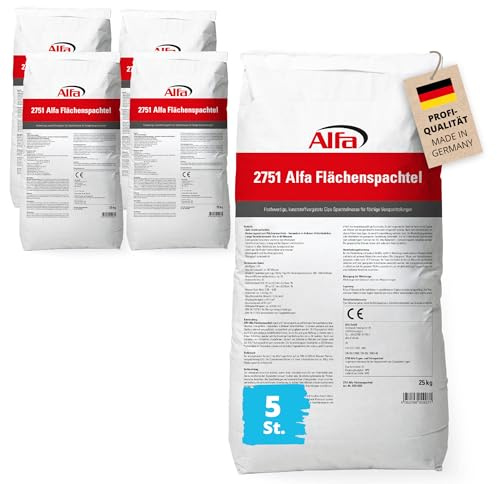 5x Alfa Flächenspachtel 25 kg – Spachtel-Masse zum Spachteln (125 kg) | Profi-Qualität - Zum Spachteln und Glätten von Putz, Mauerwerk etc. - Optimal zum Flächenspachteln - Atmungsaktiv