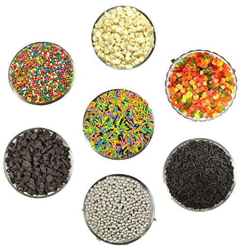 Dry Fruit Hub Lot de 7 saupoudres pour décoration de gâteau 775 g Couleurs : 125 g Chocolat : 125 g Tutti Frutti : 125 g Puces chocolat foncé : 100 g Boules arcenciel : 100 g Boules