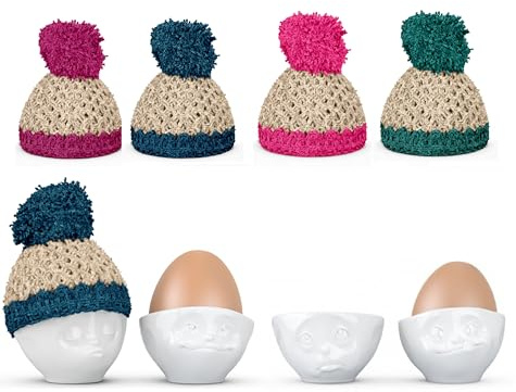 Colour-up Eierbecher 4er Set KÜSSEND, VERTRÄUMT, Och Bitte. LECKER mit 4 Mützen - Fiftyeight Products