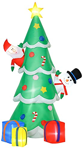 HOMCOM 210 cm Aufblasbarer Weihnachtsbaum mit Weihnachtsmann Schneemann und Geschenkbox Weihnachtsdeko mit LED Selbstaufblasend für Außen Innen Garten Hof Party Dekoration