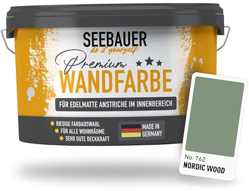 SEEBAUER diy Wandfarbe Grün 10L für Innen (No. 762 Nordic Wood) Edelmatte grüne Innenfarbe - Grüntöne sehr hohe Deckkraft - Matt, Abwaschbar und Tropffrei