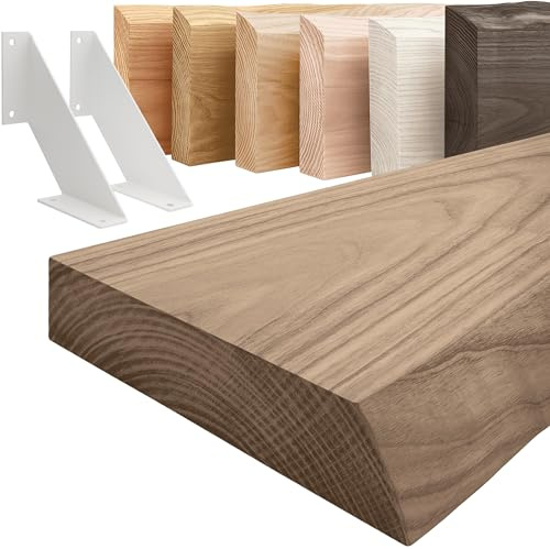 LAMO Manufaktur Holzregal mit weißen V-förmigen Halterungen | Wand Regal 100 cm breit für Wohnzimmer, Küche, Büro im Industrial-Stil | Farbe: Nussbaum, Kante: natürlich | Massivholz, Vintage-Charakter