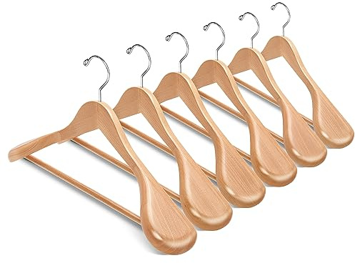 Amber Home 6 Pack Wide Shoulder Wooden Suit Hangers, Natural Wood Coat Hangers with Non Slip Pants Bar, Clothes Hangers for Jackets, Sweaters, Pants & Heavy Clothes (Natural, 6 Pack)