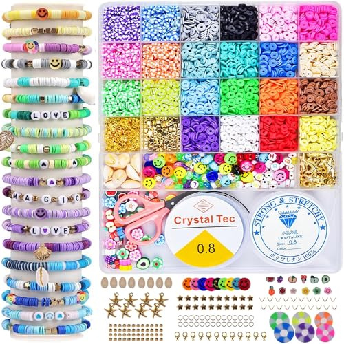 Kit med lerpärlor för armbandstillverkning, 4 800 st platta pärlor av polymerlera, set med påfyllningsberlocker, smyckestillverkningspaket, vita bokstäver, smiley, heishi-pärlor, armbandspaket för