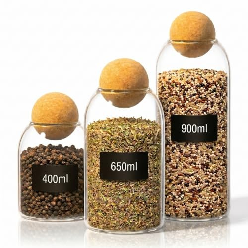 gouveo 3er Set Vorratsglas rund aus Borosilikatglas 400 ml / 650 ml / 900 ml (0,90 l) (0,40 l / 0,65 l / 0,90 l) mit Kugel-Korkverschluss – Aufbewahrungsgläser für trockene Lebensmittel