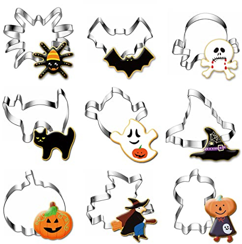 9 stycken halloween kakskärare set i rostfritt stål – skalle, spöke, katt, pumpa, fladdermus, pumpa, häxhatt, spindel, häxa, kakskärare kakor bakning för barn