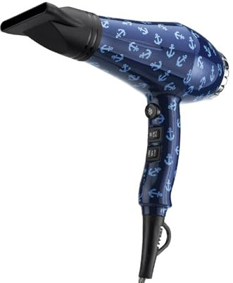 Zephir, Asciugacapelli Professionale, Fantasia Ancore, Potenza 2000W, 2 velocità, 3 livelli di temperatura, Colpo di Freddo, Concentratore e Diffusore inclusi, Con Tote Bag della Stessa Fantasia.