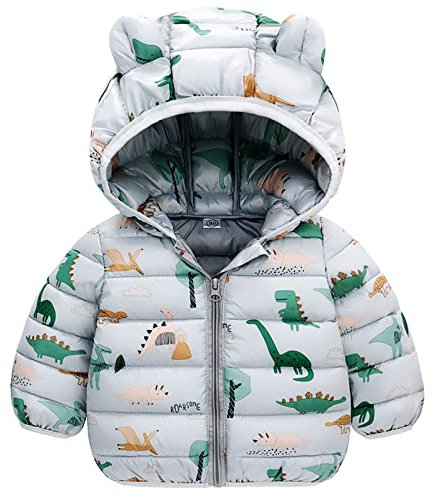 JinBei Cappotto Piumino per Bambini, Giacca Invernale con Cappuccio Dinosauro Grigio Giubbotti, Bimbo Leggero Carino Imbottito Cappotti Autunno Giacche Neve Neonato Ragazzo Capispalla 2-3 Anni