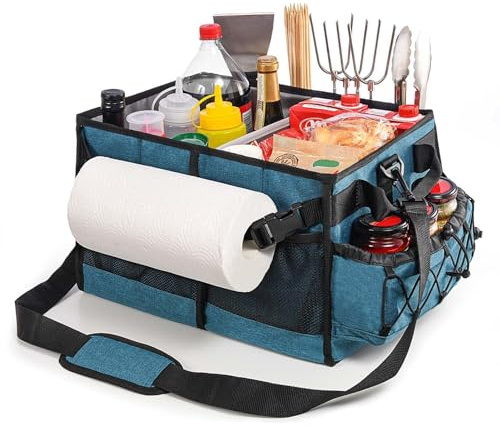 Lorbro Grill Caddy, BBQ Caddy with Paper Towel Holder, Portable Picnic Basket for Utensil and Condiment, Barbecue Grilling Tool Accessories Storage Organizer for Outdoor Griddle, Tailgate, Camping, RV