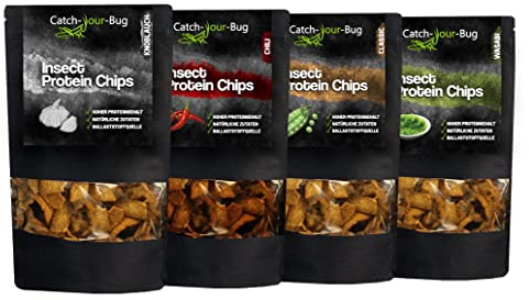 4er-Pack Essbare Insektenchips - 24% Protein - Insekten zum Essen von Catch-Your-Bug - Chili, Knoblauch, Classic, Wasabi, je 70 g