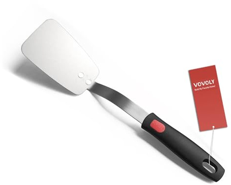 VOVOLY Stainless Steel Flexible Spatula Turner, Thin Metal Spatula for Cast Iron Skillet, Thin Blade and Heat Resistant Silicone Handle, Great for Egg, Cookie, Meat, Crep, Medium