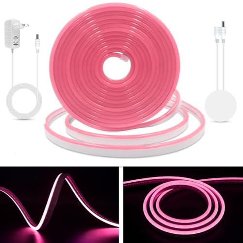 KISUFU Luz de neón luz de barra LED 12v DC con adaptador de potencia, smd2835 120 LEDs/M cuerda de silicona IP65 impermeable luz de neón LED para la decoración de fiestas de vacaciones, 2M, rosado.