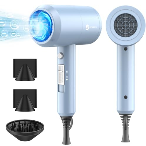 Asciugacapelli agli ioni di litio, motore AC 1800 W, slopehill, asciugatura rapida, asciugacapelli con tasto caldo/freddo, 3 asciugacapelli e diffusori, 3 impostazioni di temperatura, 2 marce (blu