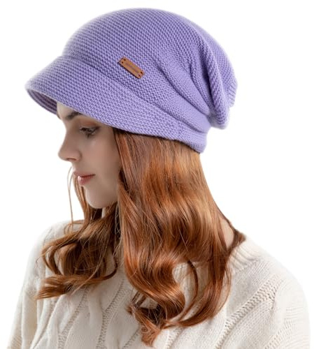 Enwokran Damen Strickmütze Beanie Mütze Gefüttert Fleece mit Krempe Baskenmütze Warme Schirmmütze für Winter