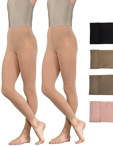 2 pares de medias de ballet de baile sin pies, 60 denier, paquete múltiple para niñas, niños pequeños, adultos, mujeres, en negro, bronceado, claro bronceado y rosa, L