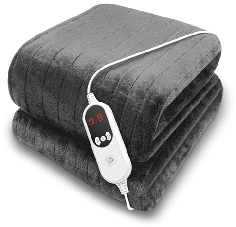 Purus Grey Heated Throw Electric Blanket, 160 x 120cm Heated Blanket Machine Washable Soft Micro Fleece Electric Throw Overblanket with 12HR Timer and 9x Control Heat Settings