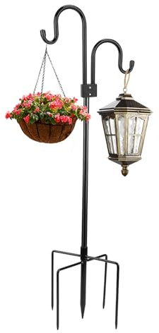 SWAWIS Schäferhaken 193CM Schäferstab Garten Hirtenstab Doppelhaken mit 5 Prong Base Laternenstab Metall Gartenstab Hirtenhaken Hirtenbogen für Vogelfutterspender, Pflanzenkörbe, Laternen