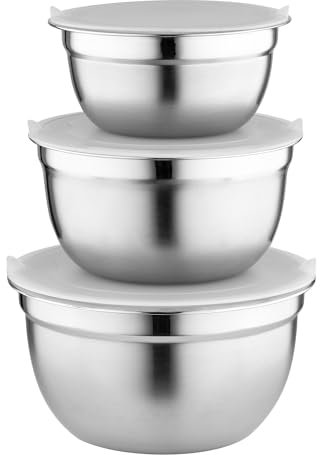 FLORINA Set di 3 Ciotole Acciaio Inox Cucina I 14 16 18 cm I Ciotola per Impasti con Coperchio Ermetico I Insalatiera per Insalata Lavabile in Lavastoviglie I Ideale per Cucinare e Cuocere I Argento