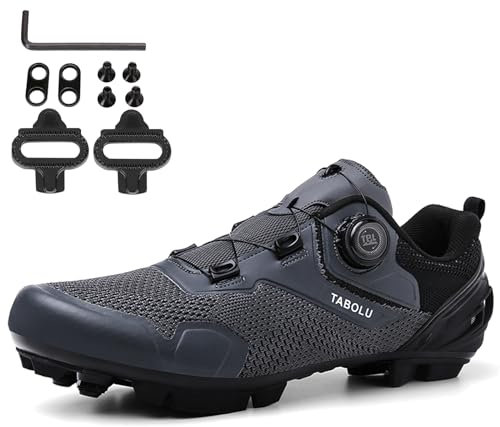 NGARY MTB Fahrradschuhe Herren Damen Mountainbike Schuhe kompatibel mit SPD 2 Schrauben mit Cleats, Entsperren Schuhe Draussen,Grau,40 EU