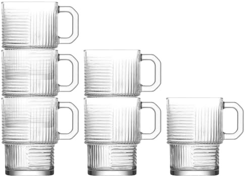 LAV 6X Klar 270ml Helen Stapelbare Kaffeetassen aus Glas - Latté Tee Heiße Schokolade Cappuccino Espresso Trinken Bechers Gläser Set mit Griff
