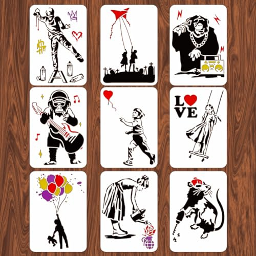 INFUNLY Juego de 9 plantillas de dibujo con temática de Banksy reutilizables para pintar en paredes, azulejos, lienzos, muebles, papel, 11.6 x 8.2 pulgadas