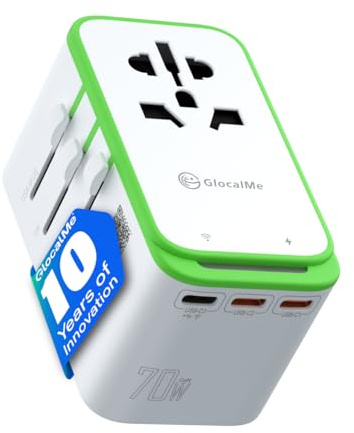 GlocalMe RoamPlug Reiseadapter Weltweit, kann als 4G Mobiler WLAN Router mit 8GB EU Daten, Max. 70 W, 4 USB-Anschlüsse, All-in-One internationaler Netzstecker Adapter für US EU UK AUS Reisen