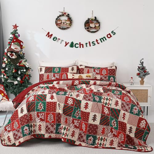 WONGS BEDDING Tagesdecke 220x240 Rot Grün Weihnachts Bettüberwurf Rotes Patchwork Doppelseite Wohndecke Schneeflocke Weihnachten Überdecke für Schlafzimmer Stepp Decke mit 2 Kissenbezüge 50x75cm