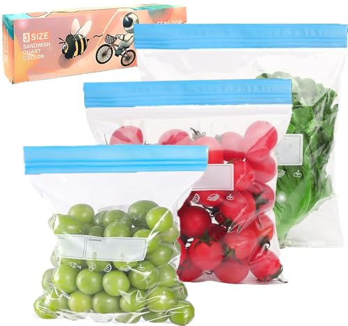 Syglitter 70 Stück Gefrierbeutel Zip Beutel Versiegelte Beutel zur Aufbewahrung von Lebensmitteln Wiederverwendbare Gefrierbeutel Zipper Klein, Mittel und Groß Drei Größen