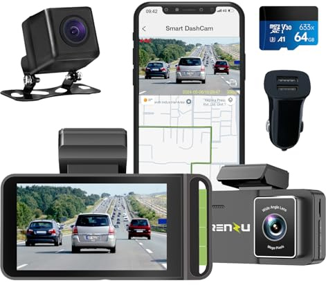 Trenzu 4K+2.5K Dash Cam Front and Rear With 64GB MicroSD | 3 Display, 170° View, Parking Mode, Night Vision, GPS, App Playback & Share for Cars