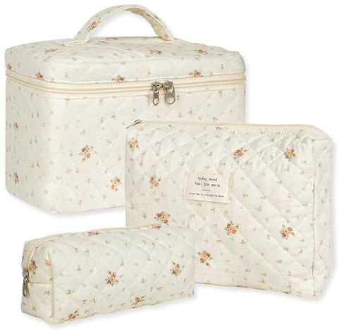 3er Set Kosmetiktasche Kulturtasche Damen mit Blumenmuster, Gesteppte Kulturbeutel, Aesthetic Make Up Bag Tasche, Tragbare Schminktasche Cosmetic Bag, Waschtasche Frauen Mädchen für Alltag Reisen