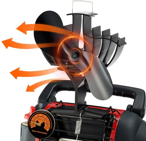 TCFUNDY Ventilador de estufa de leña para Buddy y Mr Heater, ventilador de chimenea alimentado por calor, ventilador de estufa de leña con soporte, no eléctrico para camping, uso en exteriores e