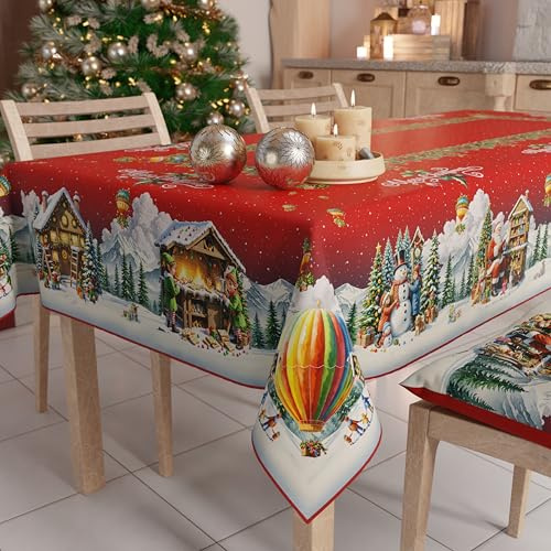 PETTI Artigiani Italiani - Tovaglia Natalizia Antimacchia Rettangolare Copritavolo Natalizio Cucina Disegno Villaggio di Babbo Natale X12 Posti (140x240 cm) 100% Made in Italy