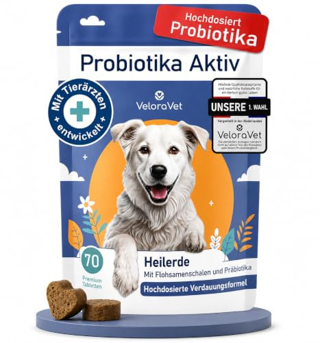 VeloraVet Probiotika Hund, Magen Darmsanierung, Darmkur für Hunde-Darmflora | 70 Tabletten für ein gutes Bauchgefühl nach Durchfall, Sodbrennen - Postbiotika, Heilerde & Flohsamenschalen