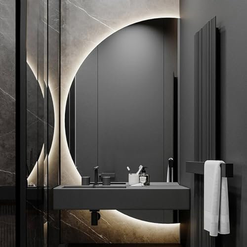 Moderno specchio da parete a mezzaluna retroilluminato a LED con interruttore touch, grande, 130 x 90 cm, forma irregolare, 3 colori, dimmerabile, specchio decorativo per trucco