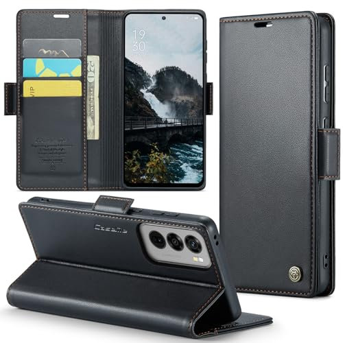 Phernykas Mobile Phone Case for Oppo Reno 12, Leather Flip Wallet Case with Card Slot and Stand Function, Black