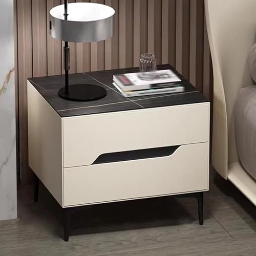 Bedside Table with 2 Drawers, Bedside Table with Leather Finish, Slate Shelves, Carbon Steel Legs, Storage Table for Bedroom Living Room lour: White sp