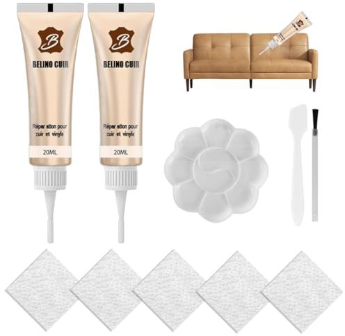 Leder Reparatur Set Beige, 2x20ml Kunstleder Reparaturset, Flüssigleder Beige, Für Auto Lederlenkrad Sofa Jacke Geldbörse Gürtel Schuhe Kunstleder Kratzer Risse, Enthält Reparaturwerkzeuge