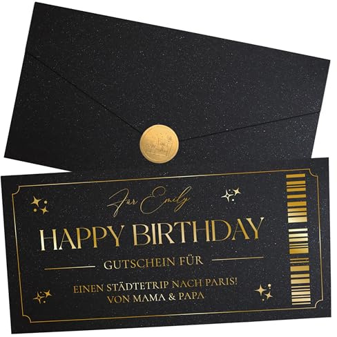 Joli Coon Personalisierter Gutschein Geburtstag, Karte Schwarz | Glitzerpapier, Folienveredelung in Wunschfarbe, passendes Kuvert, Siegelsticker, für Gutscheine und gemeinsame Erlebnisse