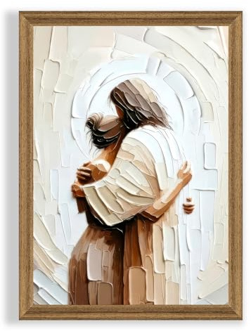 Palette Dreams Jesus Embracing Woman Canvas Wall Art，Woman Lying Safely In The Arms Of Jesus Wall Decor，Christian Painting Print Poster for Bedroom Church Living Room 16 x 24 Inch Wood Framed