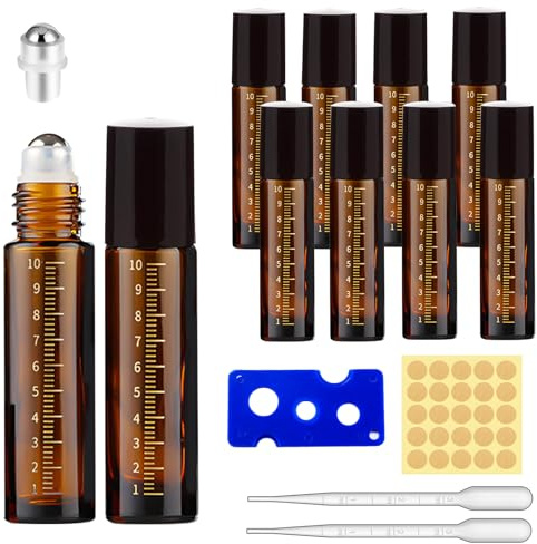 THINTON Roll on Botella vacía de 10 ml, 8 unidades de botellas de cristal enrollables para aceites esenciales, rellenables para aceites, fragancias, cosméticos, masajes