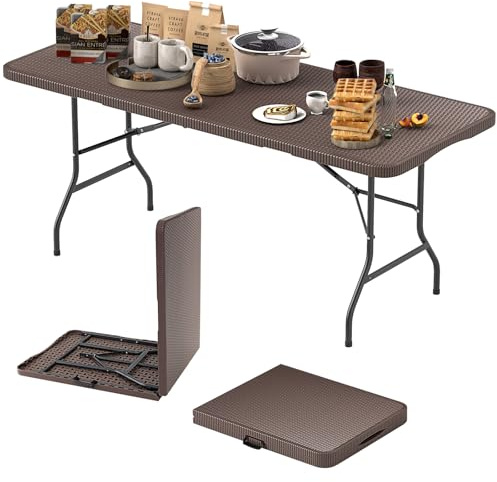 COSTWAY Gartentisch 180x74cm, Campingtisch klappbar, Klapptisch in Rattanoptik mit HDPE-Tischplatte & Tragegriff, Balkontisch für 6–8 Personen, Buffettisch für Garten, Terrasse und Balkon, Braun