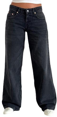 Felcia Jean baggy taille basse jambes larges boyfriend pantalon en jean coupe ample jambe droite pantalon décontracté Y2K pantalon décontracté avec poches, Gris foncé L, L